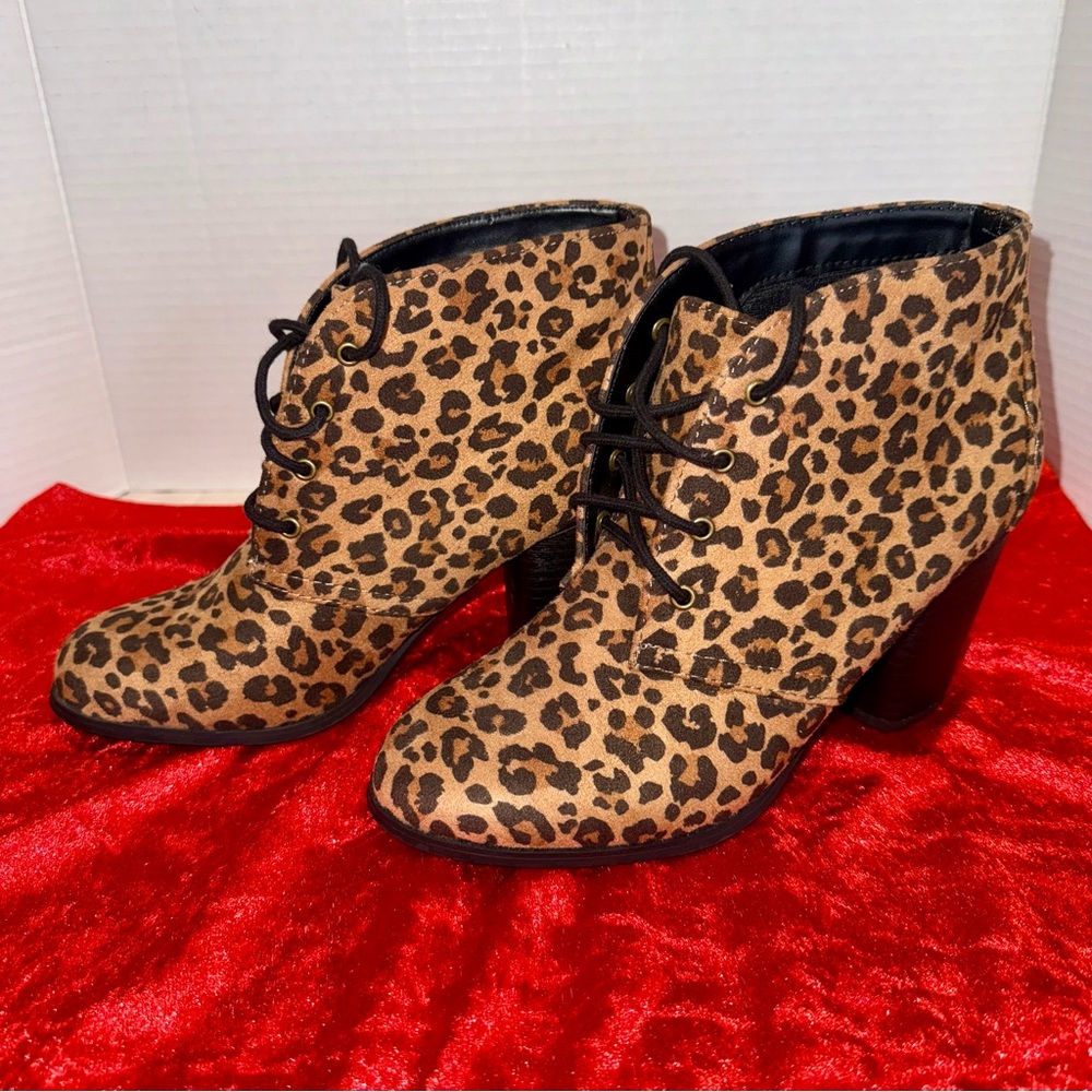 Wild Leopard Animal Print Ankle Lace‎ Up Chunky Heel Boots Faux Suede Ladies 7.5